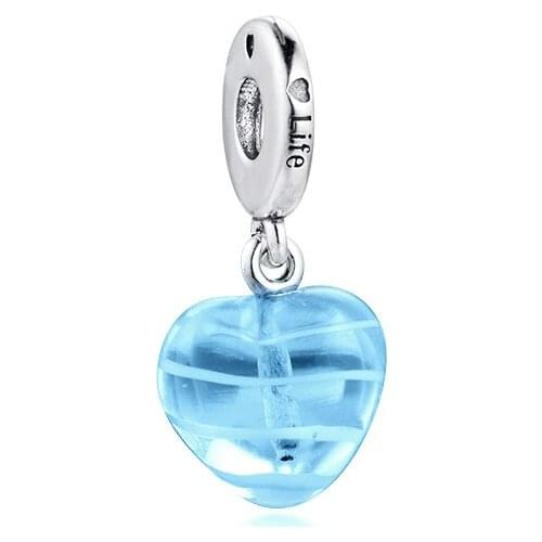 Genuine 925 Sterling Silver Blue Ribbon Heart Dangle Charm Fits Pandora Bracelet DIY Beads for Jewelry Making kralen berloques