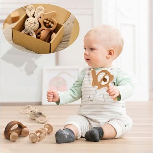 Bite Bites 4pc/Set Baby Wooden Rattle Crochet Animal Stroller Toy For Newborns Gifts Sock Rattle Wood Car Montessori Infants Toy