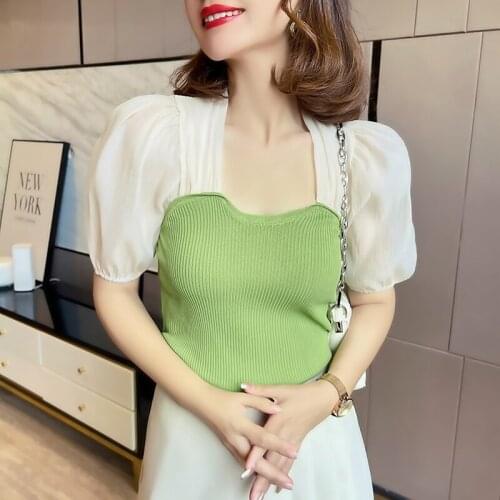 Harajuku Knitted T Shirt Women Summer Square Collar Puff Sleeve tshirt Top t shirt femme camiseta mujer