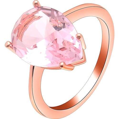 Hainon Rose Gold Color Rings Fashion Wedding Zircon Jewelry Natural Water Drop Pink Crystal Rings for Women Gifts