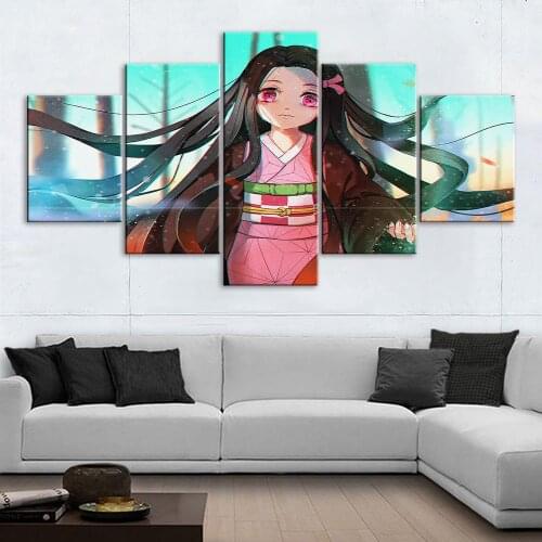 Canvas HD Printed 5 Pieces Painting Art Kamado Nezuko Poster Lovely Anime Girl Home Decor For Living Room Modular Framework