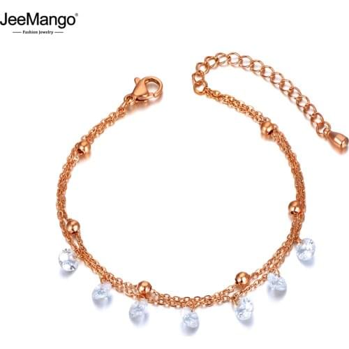 JeeMango Rose Gold Double Layer Stainless Steel CZ Crystal Charm Bracelets For Women Girls Bohemia Beach Chain Bracelet JB20047