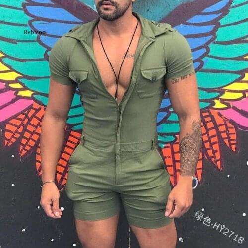 Zipper Short Sleeve Hooded Rompers Pants with Pockets Overalls Mens One Piece Tight Fitness Jumpsuit