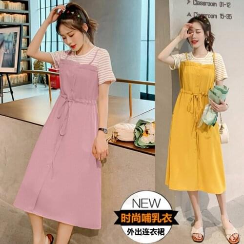 Summer Maternity Nursing Dress Short Sleeved Slim Ties Waist False two piece Breastfeeding Clothes for Pregnant Women Pregnancy