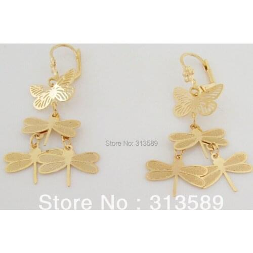 MIN ORDER ONE PIECE /LADY - YELLOW GOLD GP OVERLAY BUTTERFLY DRAGONFLY TALL 1.77" DANGLE EARRING/GREAT GIFT