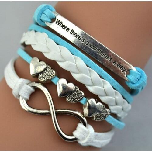 Fashion Infinity Infinities Heart Charms Leather Bracelet Alloy Where theres a will there way Wrap Bangle Handmade Jewelry Gift