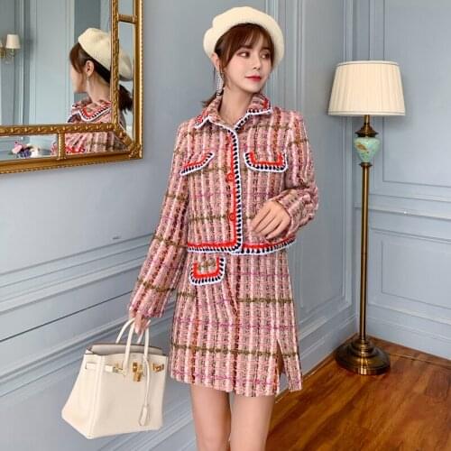 Autumn winter Womens Sets elegant Runway womens Skirt Suits Weaving Tweed Blazers jacket and Tweed Skirt 2 piece set outfits