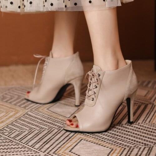 Ochanmeb Stylish Womens Peep Open Toe Ankle Boots Spring Summer Woman High Heels Cross Tied Black Red Nude Plus Size 46 47 Shoe