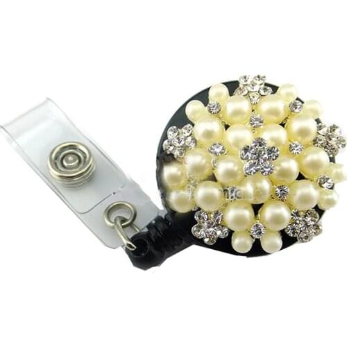 Wholesale Crystal Rhinestone Pearl Retractable Reel ID Badge Holder