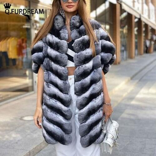 Q.FURDREAM Long Coat Natural Rex Rabbit Fur Garment Fashion Stand Collar Short Sleeve Winter Thick Warm Woman Coat Luxury Jacket