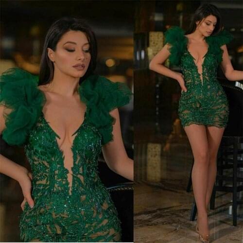 Dark Green Mini Cocktail Dresses Plus Size Deep V Neck Sexy Party Dress Lace Appliques Illusion Short Prom Evening Gowns