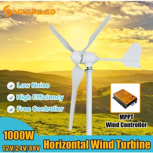 High Efficiency 12V 24V 48V Optional Real 1000w Horizontal Axis Wind Generator With Waterproof MPPT Charger Controller