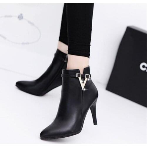 2019 Spring Autumn Stiletto Thin High Heels Pointed Toe Faux Leather Zipper Style Sexy Ankle Womens Boots Bota Feminina