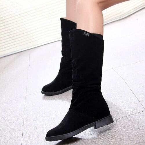 Autumn Winter Low Heel Women Boots Matte Flock Boots For Female Ladies Height Increased Shoes Lady Mid Calf High Boots