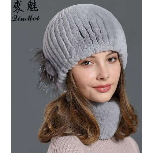 Woman knitted Scarf and Hat Set Real Fur Rex Rabbit Thick Lined Luxury Fox Fur Genuine 2019 Winter Hats and Snood Sets Neck Ring