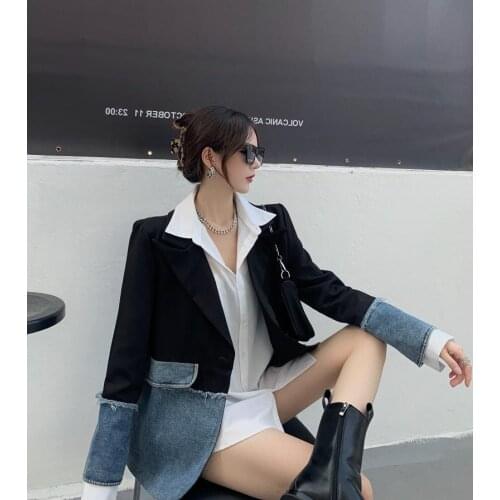 Loose temperament Plaid stitched denim coat womens 2021 spring new literary retro casual casual suit
