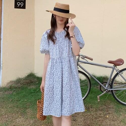 Blue Floral Print Summer Party Dress Women O-Neck Puff Sleeve Long Midi Dress Loose Sweet Elegant A-Line Office Lady Vintage