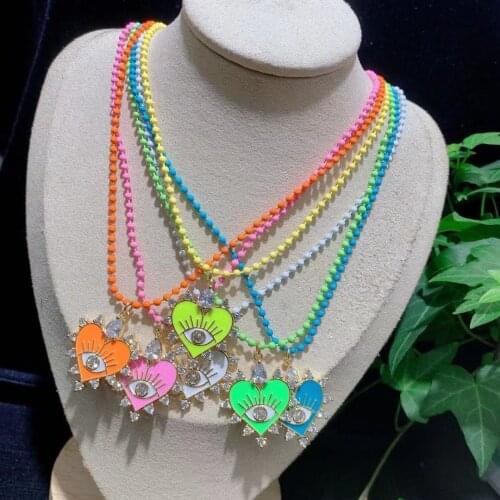 5PCS, Color Enamel Ball Bead Chains Necklace CZ Pave Eye Heart Pendant Charm Link Chains Necklaces Women Girl Jewelry Gifts
