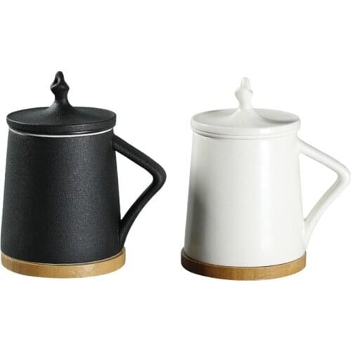 Black pottery office drinking cup with lid large capacity white pottery mug meeting tea cup with bamboo bottom