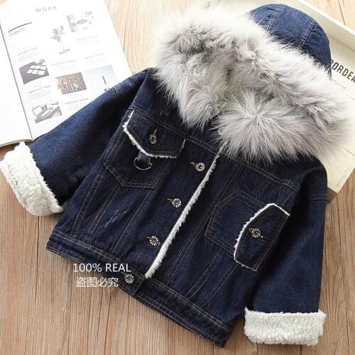 Girls Long Sleeve Thick Fleece Big Fur Hooded Lamb Wool Jeans Jackets Casual Fashion Dark Blue Winter Outdoor Jacket Coats