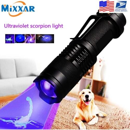EZK20 Dropshipping Mini Zoomable 3 Modes Scorpion UV LED Flashlight Ultraviolet Torch Money Detector Pet Urine Stains Detecto