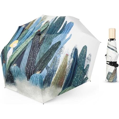 Creative Folding Black Coating Wooden Handle Umbrella UV Protection Hand-Painted Illustrations Umbrellas