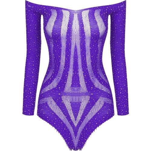 Lingerie See-through Mesh Bodysuit Womens Shiny Rhinestone Sexy Lingeries One-piece Off Shoulder Long Sleeve Leotard Costume