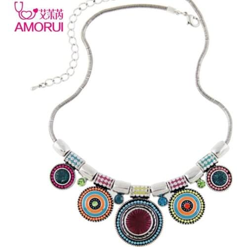 New Choker Necklace Fashion Ethnic Collares Vintage Silver Color Colorful Bead Pendant Statement Necklace For Women Jewelry