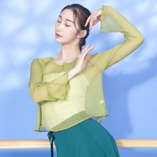 New Classical Dance Tops Professional Chinese Folk Dance Practice Shirt Long Sleeve Gauze See Through Training Clothing DWY6103