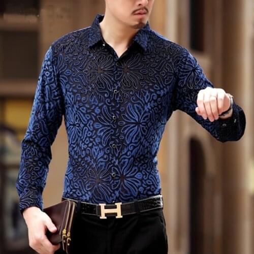 New design autumn mens see through long sleeve shirt fashion floral shirt male sexy hollow clothes free shipping