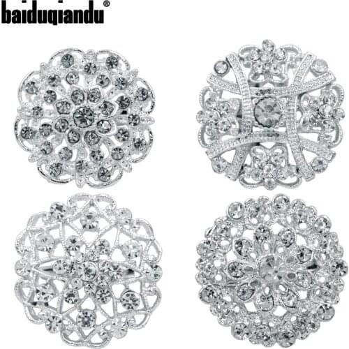 Wholesale 10 Pcs Silver Color Plated Medium Clear Crystal Rhinestones Flower Brooch Pins For DIY Wedding Bouquets Accessories