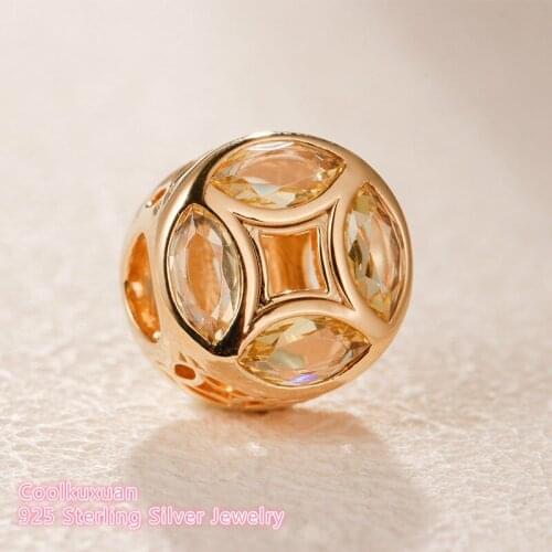 Valentines Day Original 925 Sterling Silver Good Fortune Coin Charm, Sunshine Yellow CZ beads Fit Brand Charms Bracelet
