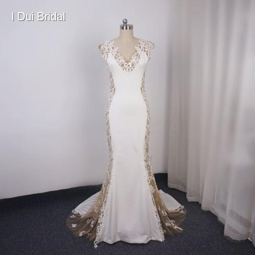 V Neck Sheath Wedding Dress with Sheer Side Sexy Unique Design Lace Appliqued Bridal Gown
