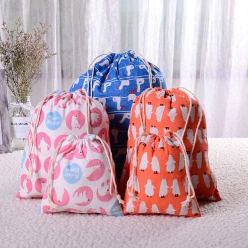 Cartoon Animal Printed Cotton and Linen Drawstring Storage Bag Linen Sundry Underwear Travel Gift Storage Bag