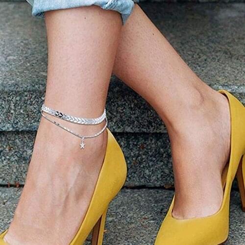 Simple Double-layer Chain Anklets for Women Fashion Gold Silver Color Star Ankle Bracelet on Leg 2021 Boho Beach Foot Jewelry