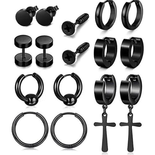 2PCS Punk Black Multiple Styles Stainless/Titanium Steel Stud Earrings For Men and Women Gothic Street Pop Hip Hop Ear Jewelry