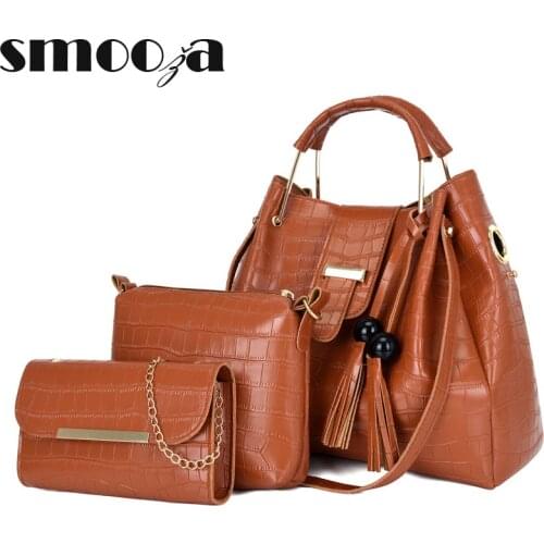 SMOOZA 3Pcs Womens Bag Fashion PU Leather Ladies Handbag Solid Color Messenger Bag Shoulder Wallet Tote Bags For Women 2021