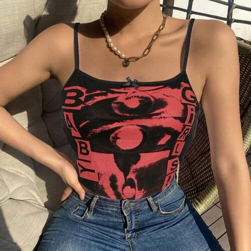 Stylish Trendy Camisole Summer Sexy Slim Eye Letter Print Sleeveless Exposed Navel Basic Sling Tops Chic Y2K Harajuku 2021
