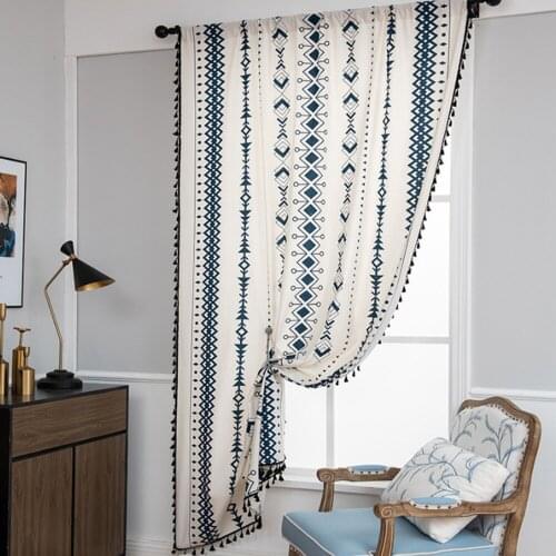 YanYangTian Tulle Stiped Curtain Blue tassels Wear rod Printing curtains for living room bedroom curtains decorative curtains