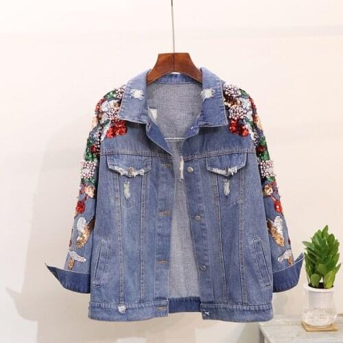 Korean style loose beading Denim jackets women 2018 autumn casual sequins jackets coat D912