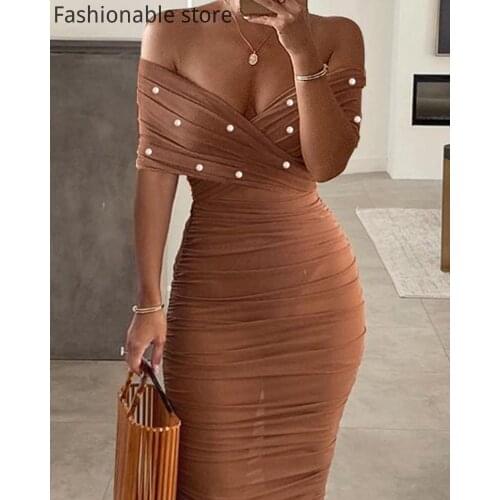 Women Off Shoulder Beaded Bodysuit & See Through Skirt 2 Piece Sets