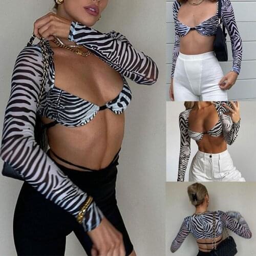 Women Sexy Transparent Mesh Zebra Stripped Gothic Y2K Crop Top Ee Through Lange Mouwen Bandage Backless Bra T-shirts Streetwear
