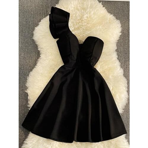 Women Black White Ruffled One Shoulder Sleeveless Mini Dress Strapless Mesh Patchwork High Waist A-line Party Dress Vestidos