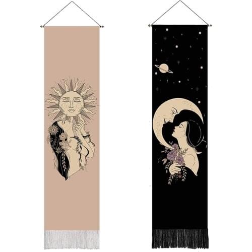 2Set Narrow Tapestry Wall Hanging Long Sun Moon and Girl Bohemain Decor for Home Bedroom Living Room Vertical Tapestry