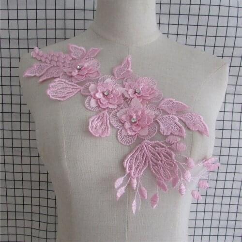 2017 new high quality 1PC Long fink Flower Organza Base Embroidery Neckline Lace Applique Trimmings Collar Sewing DIY Crafts