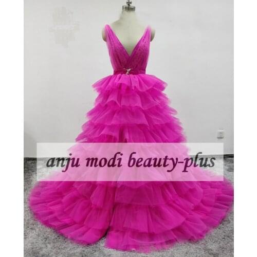 2020 Long Ball Gown Tiered Prom Dresses Double V Neck Lace Tulle Formal Evening Party Ball Gown Robe De Soiree