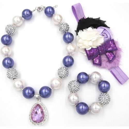 3PCS/SET Enfants Baby Gifts Princess Sofia Purple Amulet Pendant Necklace Girls Chunky Bubblegum Necklace Bracelet Head band Set