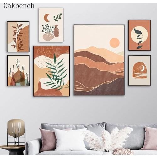 Abstract Wall Art Posters Botanical Print Leaves Painting Sun Moon Art Print Boho Wall Pictures Living Room Home Decoration