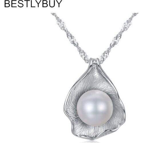 BESTLYBUY Real 925 Sterling Silver Necklace Natural Cultured Fresh Water Pearl Pendant Women Necklace Jewelry