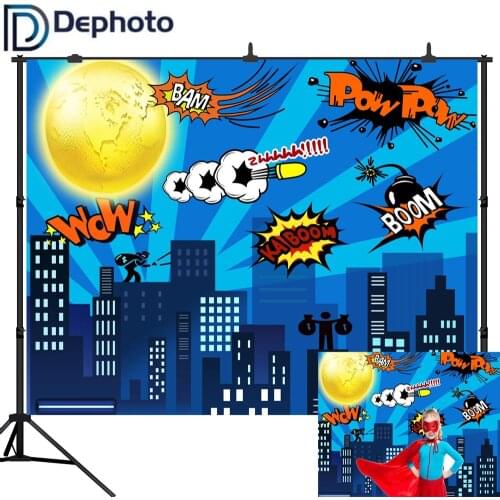 Dephoto Photography Backdrops Super Hero Background Buildings City Street Clouds for Baby Birthday party For photo shoot